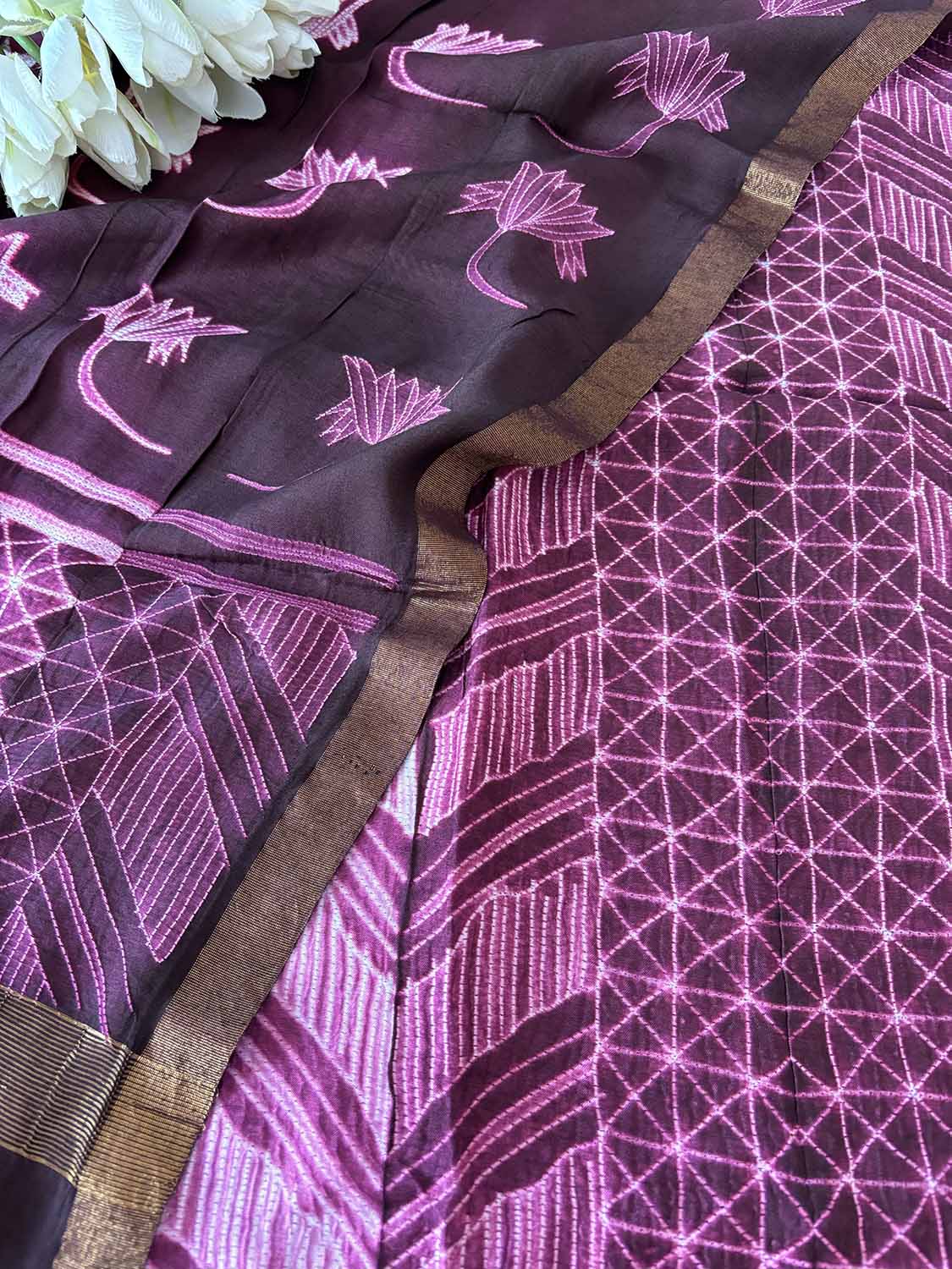 Stunning Purple Shibori Tie N Dye Maheshwari Silk Two Piece Unstitched Suit Set - Luxurion World