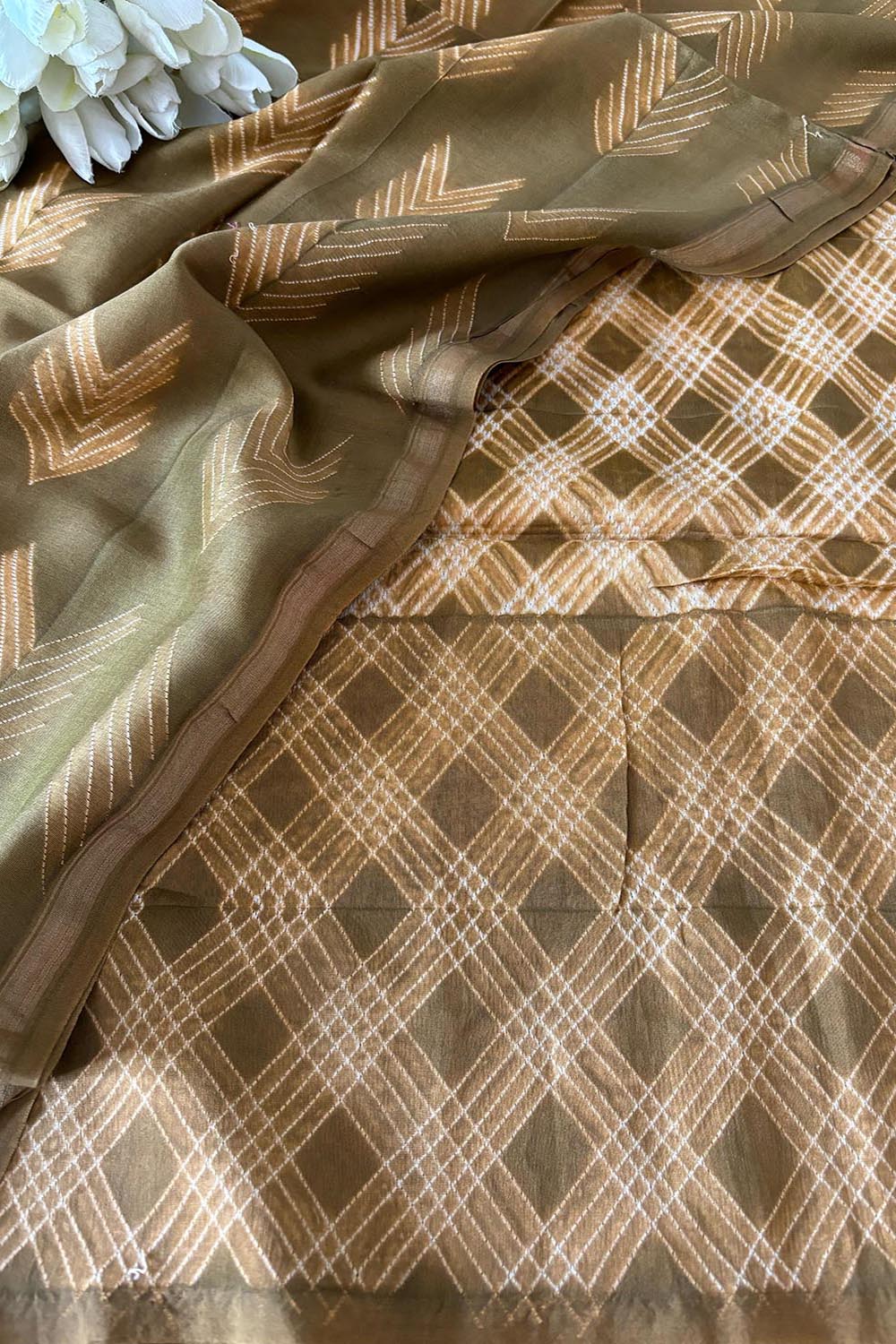 Brown Shibori Tie N Dye Maheshwari Silk Two Piece Unstitched Suit Set - Luxurion World