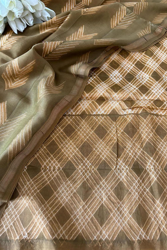 Brown Shibori Tie N Dye Maheshwari Silk Two Piece Unstitched Suit Set - Luxurion World