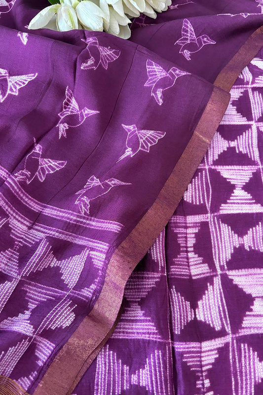 Stunning Purple Shibori Tie N Dye Maheshwari Silk Two Piece Unstitched Suit Set - Luxurion World