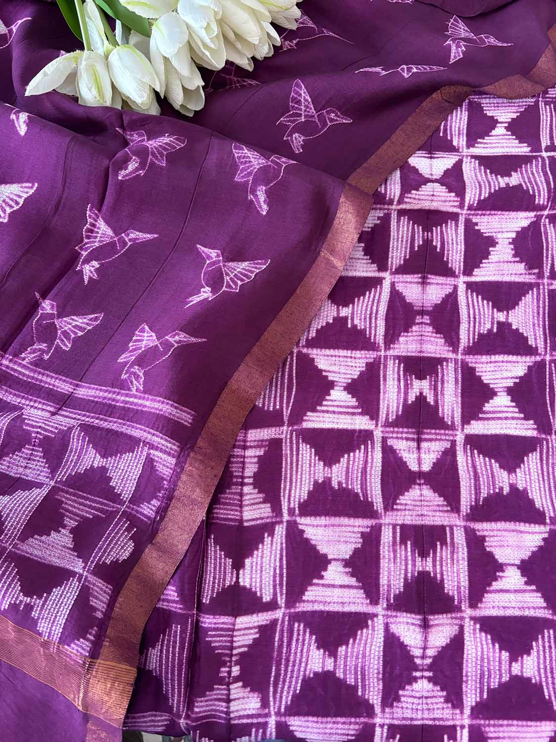 Stunning Purple Shibori Tie N Dye Maheshwari Silk Two Piece Unstitched Suit Set - Luxurion World