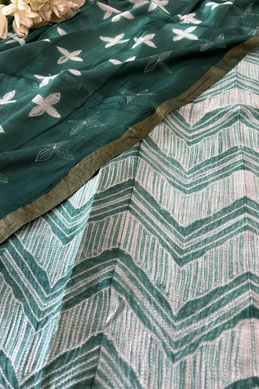 Green Shibori Tie N Dye Maheshwari Silk Two Piece Unstitched Suit Set - Luxurion World