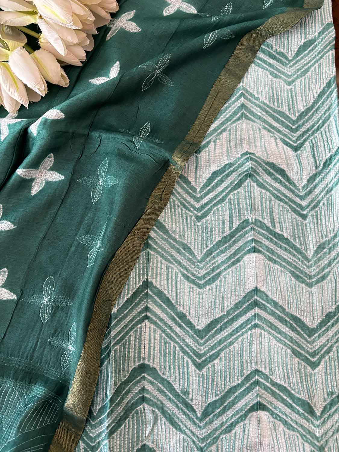 Green Shibori Tie N Dye Maheshwari Silk Two Piece Unstitched Suit Set - Luxurion World