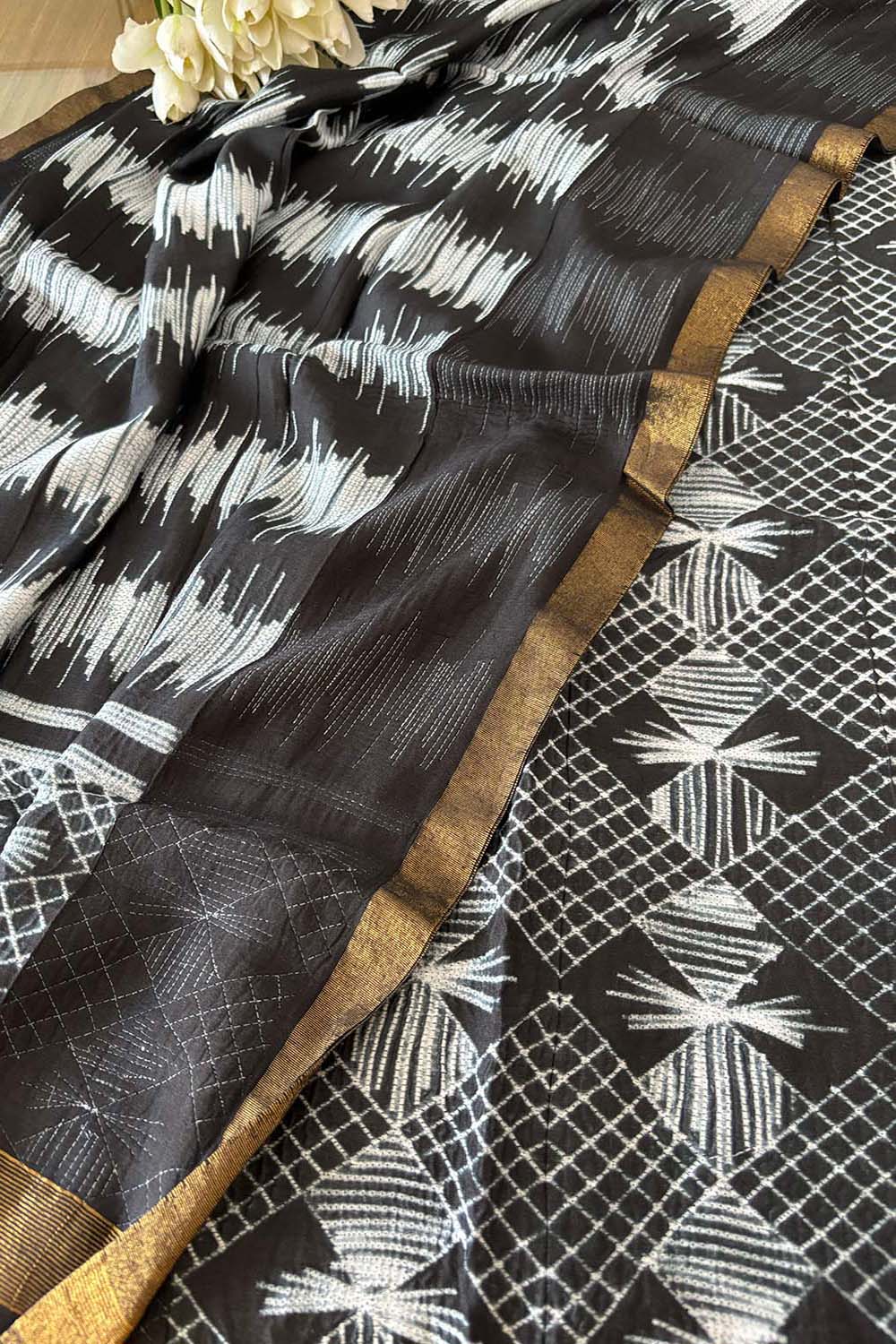 Black Shibori Tie N Dye Maheshwari Silk Two Piece Unstitched Suit Set - Luxurion World