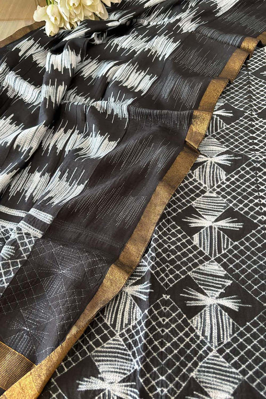 Black Shibori Tie N Dye Maheshwari Silk Two Piece Unstitched Suit Set - Luxurion World