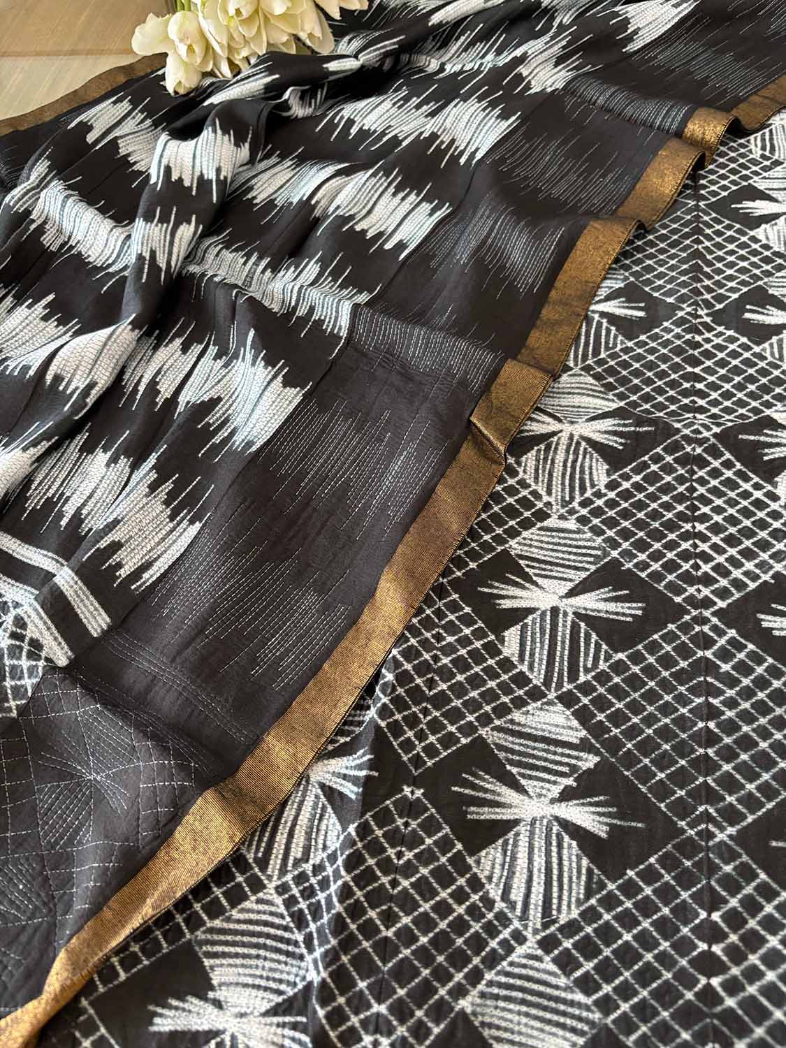 Black Shibori Tie N Dye Maheshwari Silk Two Piece Unstitched Suit Set - Luxurion World