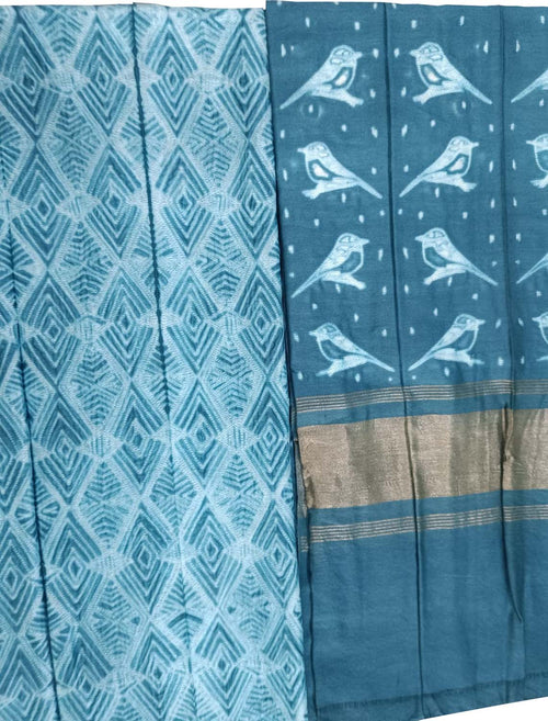 Blue Shibori Chanderi Silk Two Piece Unstitched Suit Set