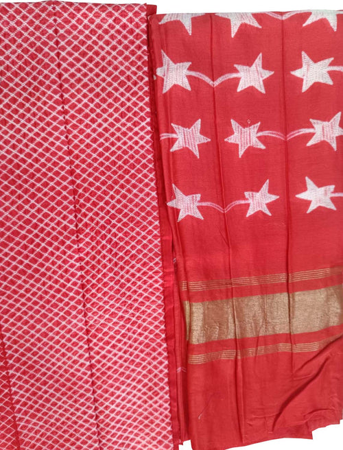 Red Shibori Chanderi Silk Two Piece Unstitched Suit Set - Luxurion World