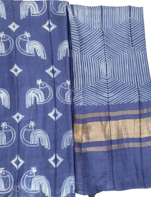 Blue Shibori Chanderi Silk Two Piece Unstitched Suit Set - Luxurion World