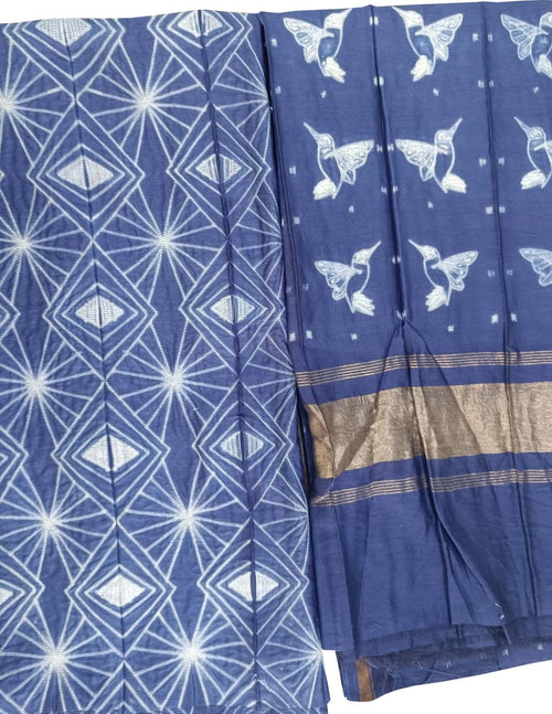 Blue Shibori Chanderi Silk Two Piece Unstitched Suit Set - Luxurion World