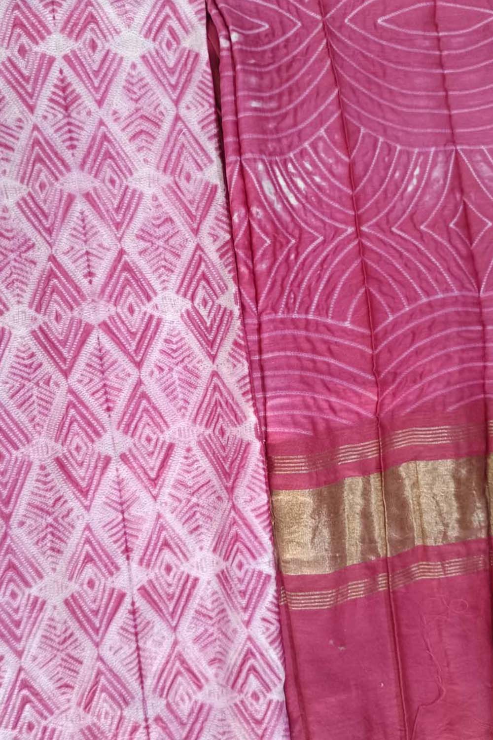 Pink Shibori Chanderi Silk Two Piece Unstitched Suit Set - Luxurion World