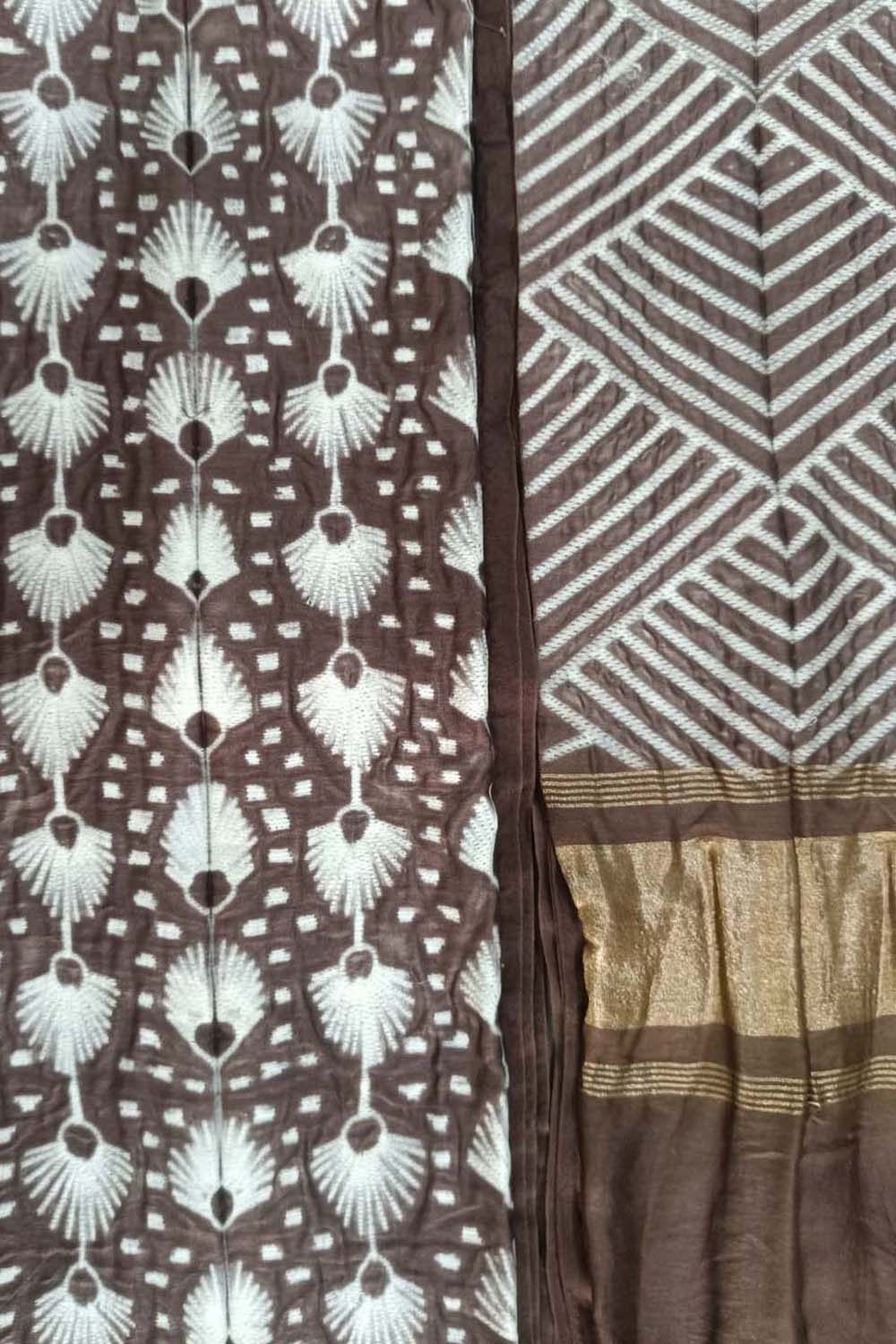 Brown Shibori Chanderi Silk Two Piece Unstitched Suit Set - Luxurion World
