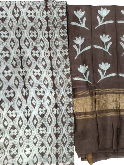 Brown Shibori Chanderi Silk Two Piece Unstitched Suit Set - Luxurion World