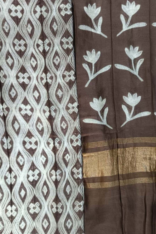 Brown Shibori Chanderi Silk Two Piece Unstitched Suit Set - Luxurion World