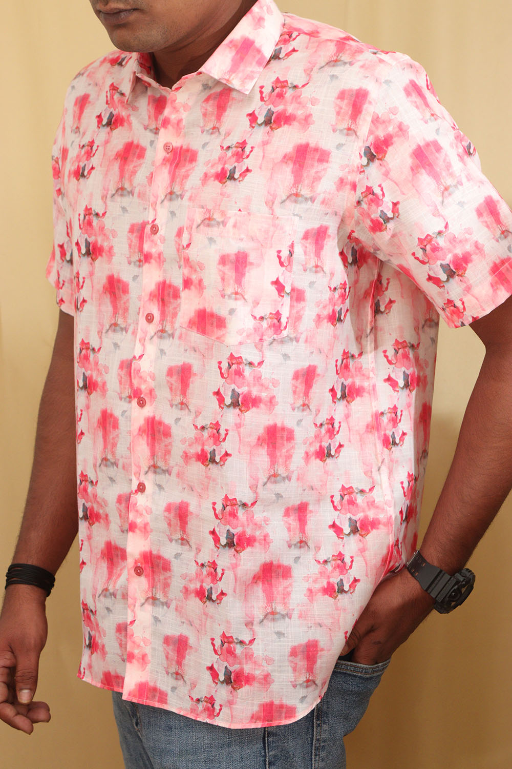 Vibrant Pink Digital Printed Wrinkle Free Linen Cotton Shirt - Luxurion World