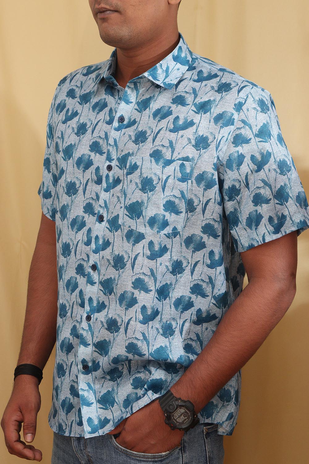 Vibrant Blue Digital Printed Wrinkle Free Linen Cotton Shirt - Luxurion World