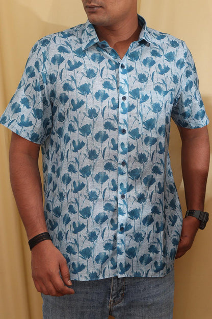 Vibrant Blue Digital Printed Wrinkle Free Linen Cotton Shirt - Luxurion World