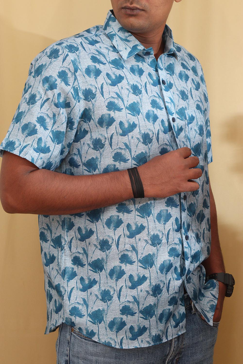 Vibrant Blue Digital Printed Wrinkle Free Linen Cotton Shirt - Luxurion World