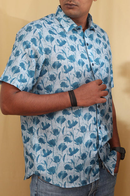 Vibrant Blue Digital Printed Wrinkle Free Linen Cotton Shirt - Luxurion World
