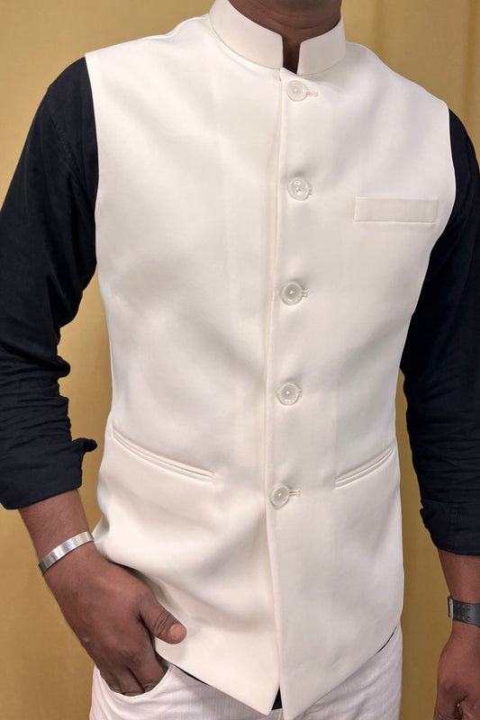 Off White Crepe Silk Formal Nehru Jacket