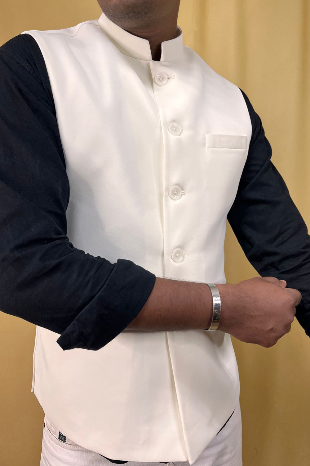 Off White Crepe Silk Formal Nehru Jacket - Luxurion World