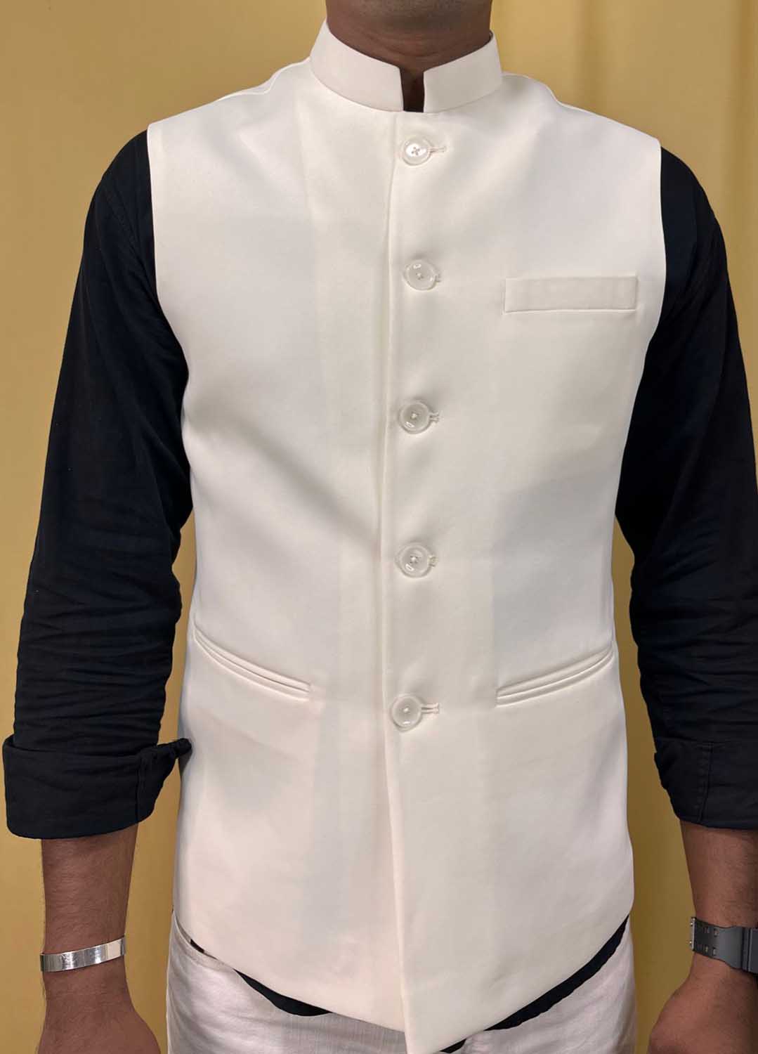 Off White Crepe Silk Formal Nehru Jacket - Luxurion World