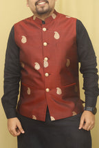 Maroon Handloom Banarasi Pure Katan Silk Nehru Jacket - Luxurion World