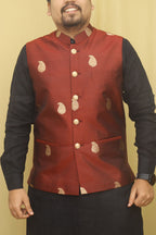 Maroon Handloom Banarasi Pure Katan Silk Nehru Jacket - Luxurion World