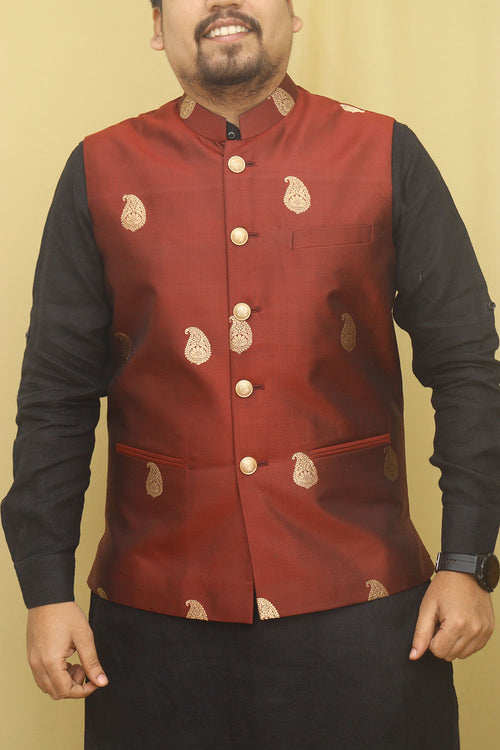 Maroon Handloom Banarasi Pure Katan Silk Nehru Jacket - Luxurion World