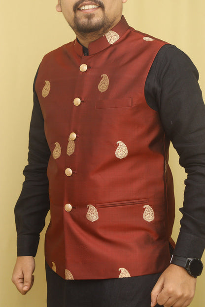 Maroon Handloom Banarasi Pure Katan Silk Nehru Jacket