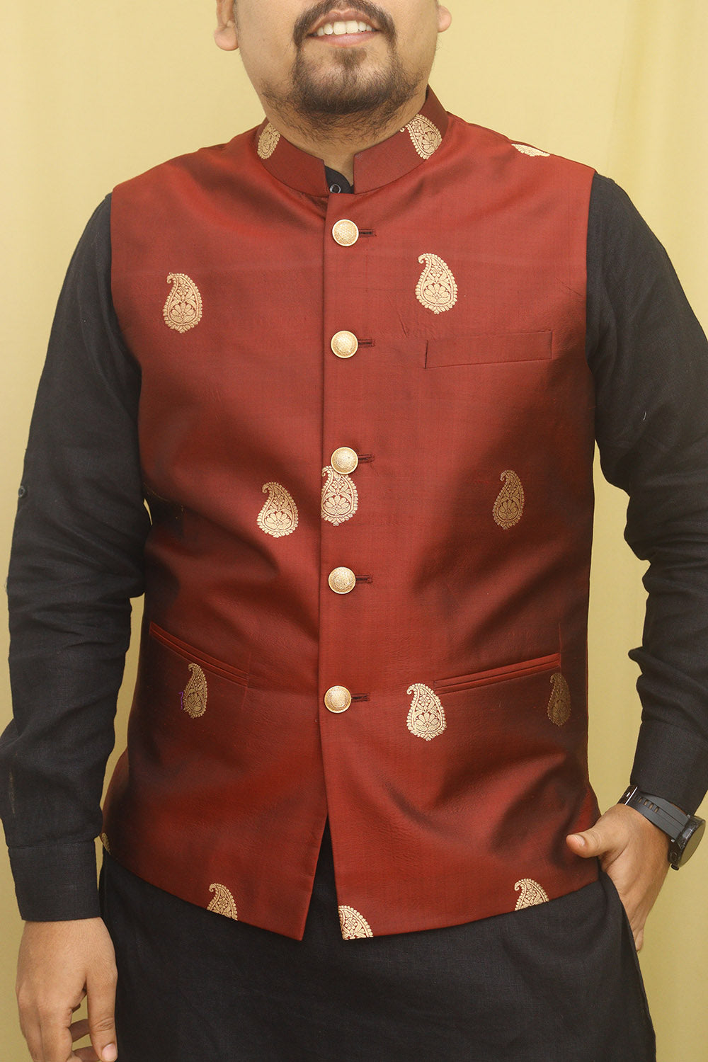 Maroon Handloom Banarasi Pure Katan Silk Nehru Jacket - Luxurion World
