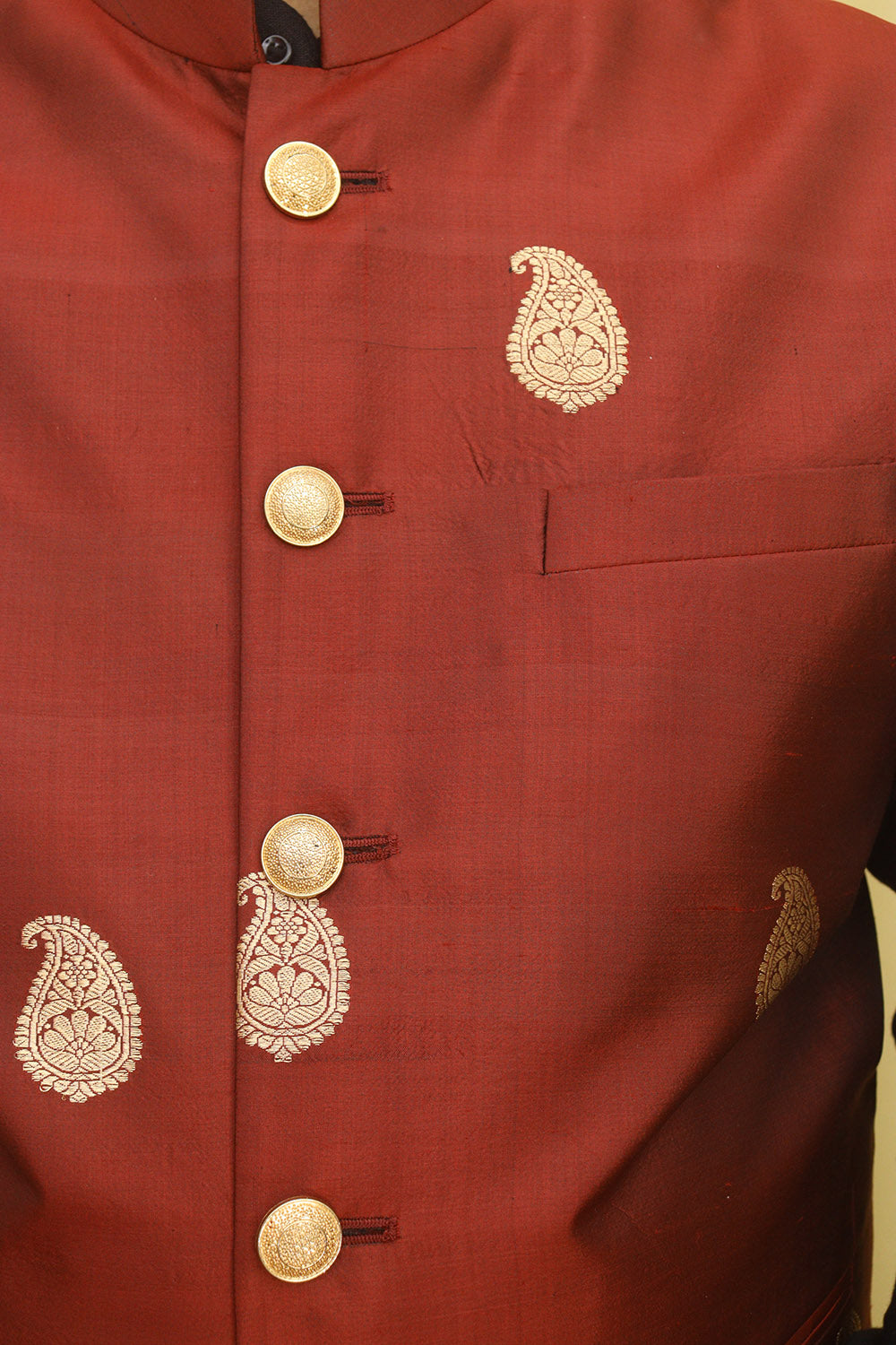Maroon Handloom Banarasi Pure Katan Silk Nehru Jacket - Luxurion World