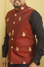 Maroon Handloom Banarasi Pure Katan Silk Nehru Jacket - Luxurion World