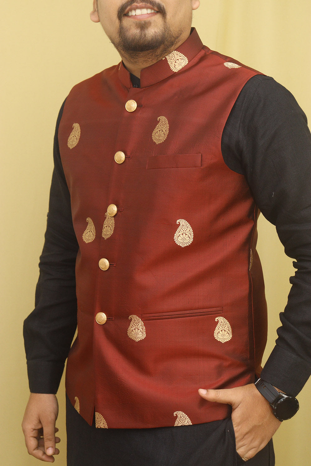 Maroon Handloom Banarasi Pure Katan Silk Nehru Jacket - Luxurion World