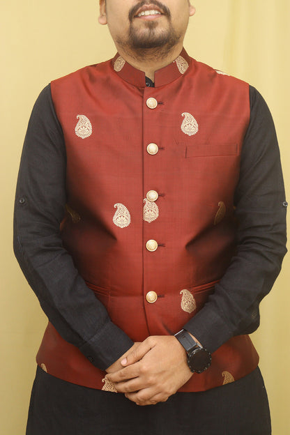 Maroon Handloom Banarasi Pure Katan Silk Nehru Jacket - Luxurion World