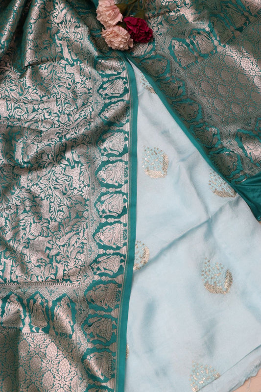 Pastel Blue Silk Linen Embroidered Suit with Banarasi Silk Shikargha Dupatta IS4B1260207006