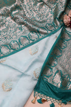 Pastel Blue Silk Linen Embroidered Suit with Banarasi Silk Shikargha Dupatta - Luxurion World