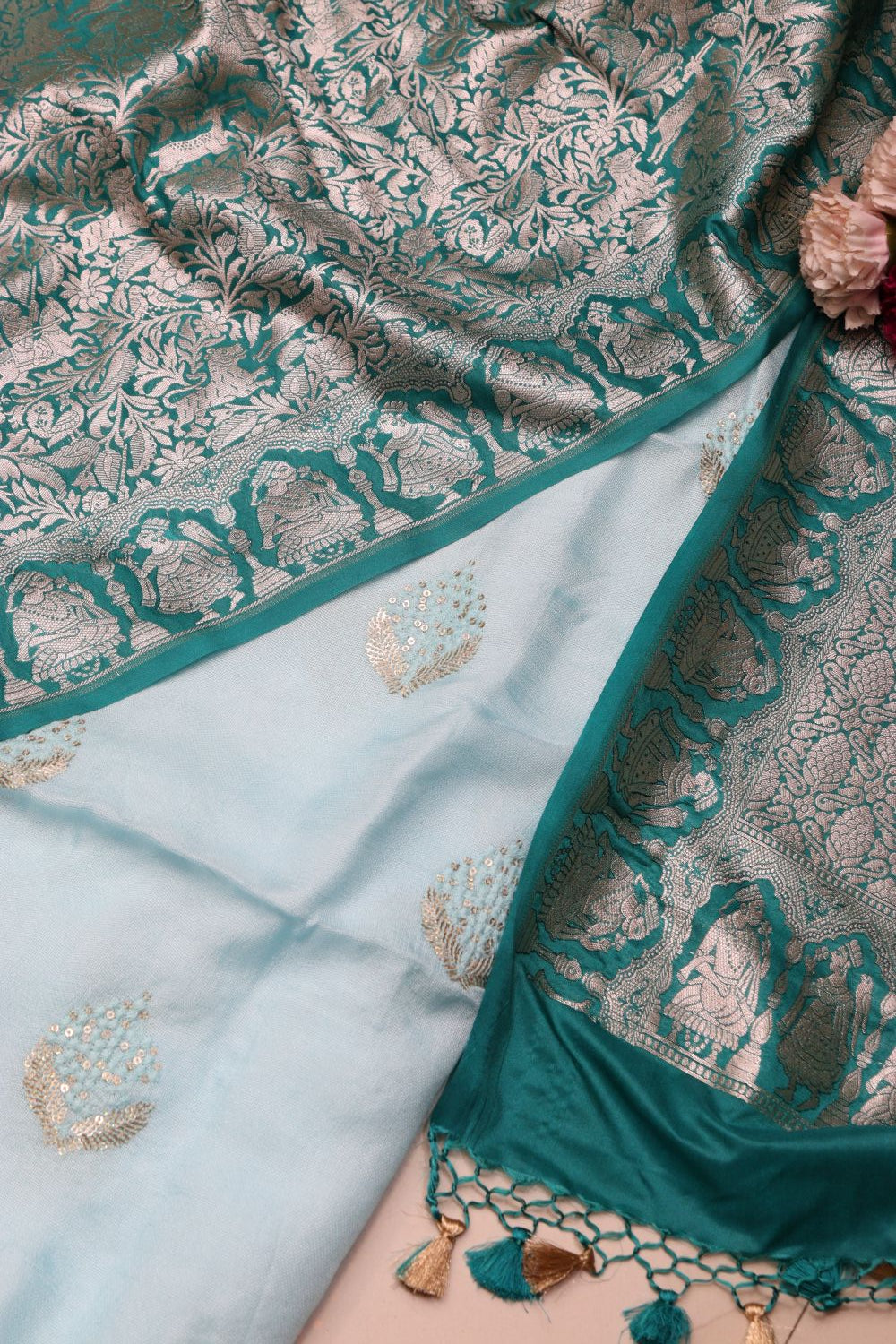 Pastel Blue Silk Linen Embroidered Suit with Banarasi Silk Shikargha Dupatta - Luxurion World