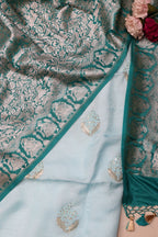 Pastel Blue Silk Linen Embroidered Suit with Banarasi Silk Shikargha Dupatta - Luxurion World