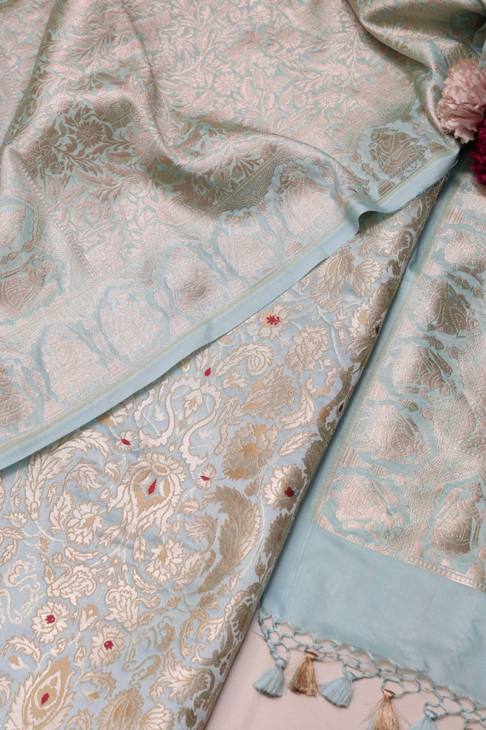 Pastel Blue Banarasi Kimkhwab Suit with Banarasi Silk Shikargha Dupatta - Luxurion World