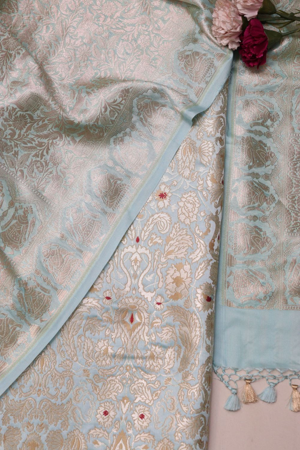 Pastel Blue Banarasi Kimkhwab Suit with Banarasi Silk Shikargha Dupatta - Luxurion World