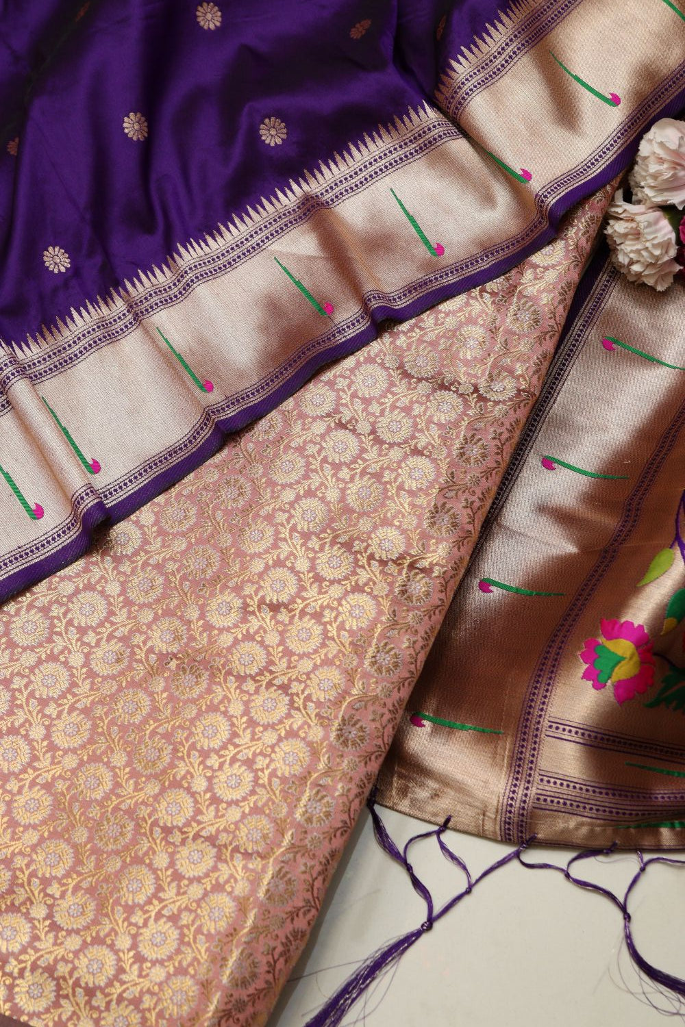 Pastel Banarasi Brocade Suit With Purple Paithani Silk Flower Design Dupatta - Luxurion World