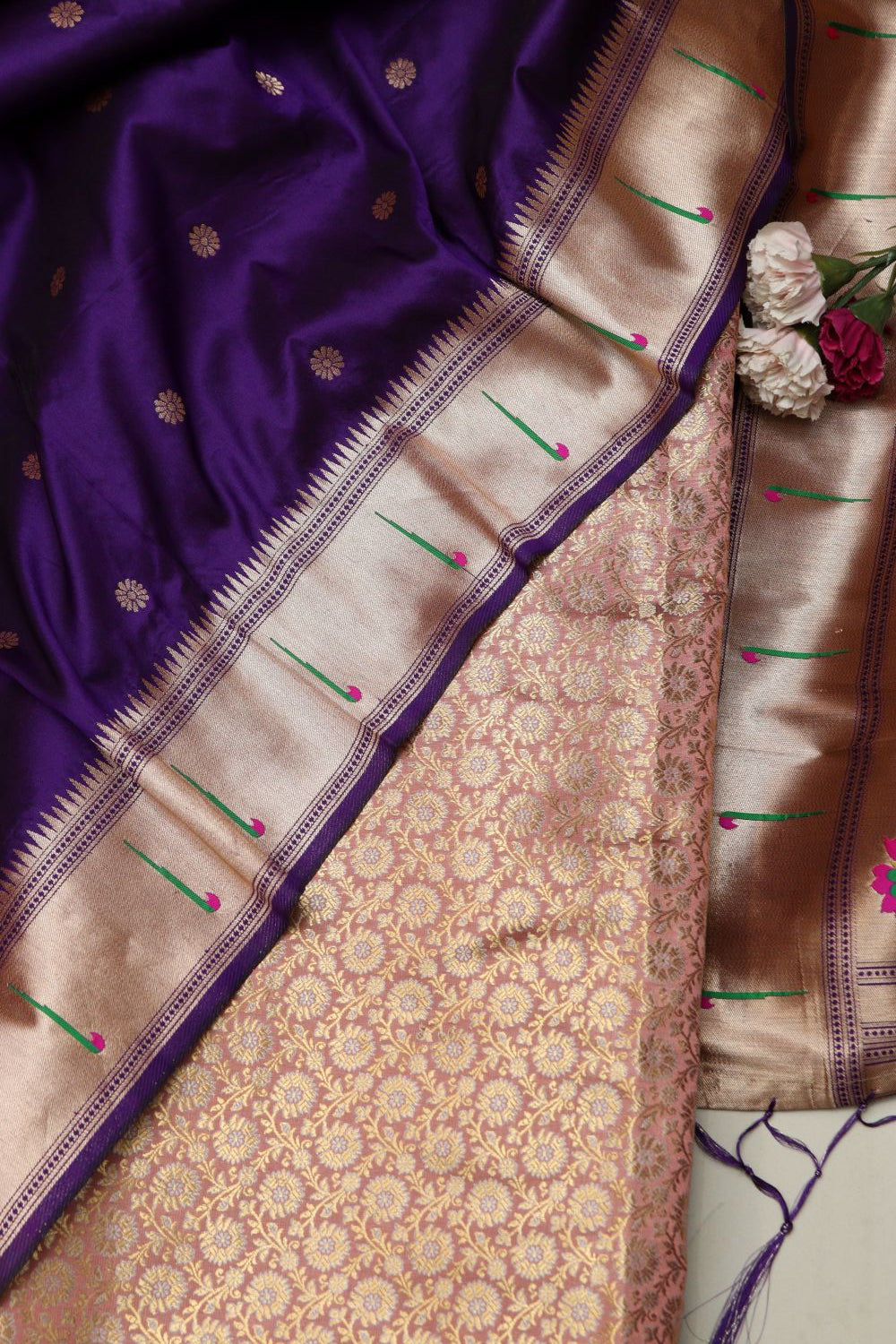 Pastel Banarasi Brocade Suit With Purple Paithani Silk Flower Design Dupatta - Luxurion World