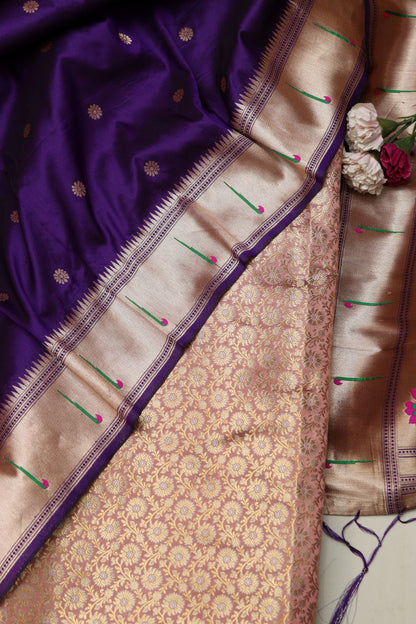 Pastel Banarasi Brocade Suit With Purple Paithani Silk Flower Design Dupatta