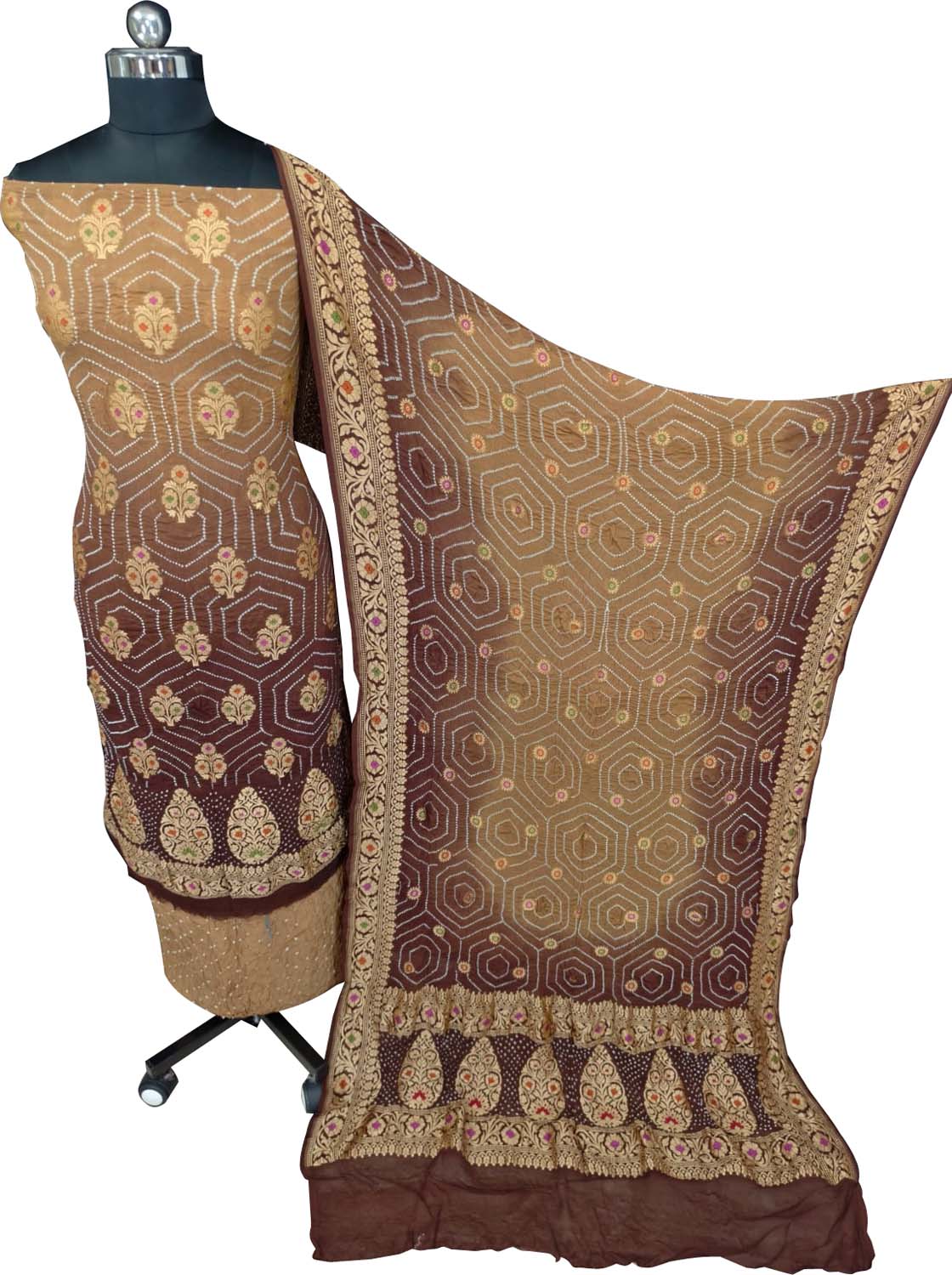 Pastel Banarasi Bandhani Georgette Meenakari Rai Bandhej Three Piece Suit Festive