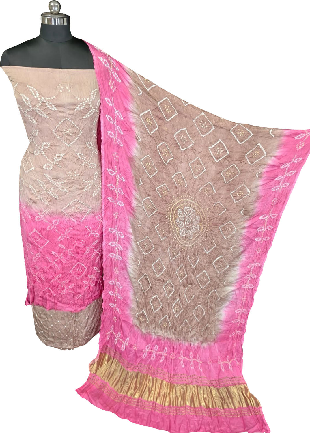 Pastel Bandhani Modak Silk Three Piece Unstitched Suit Set
