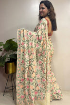 Pastel Kashmiri Aari Crepe Saree—Chain Stitch Embroidery, Festive & Wedding