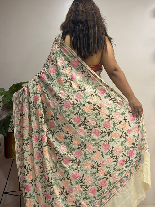 Pastel Kashmiri Aari Crepe Saree—Chain Stitch Embroidery, Festive & Wedding