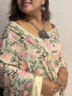Pastel Kashmiri Aari Crepe Saree—Chain Stitch Embroidery, Festive & Wedding