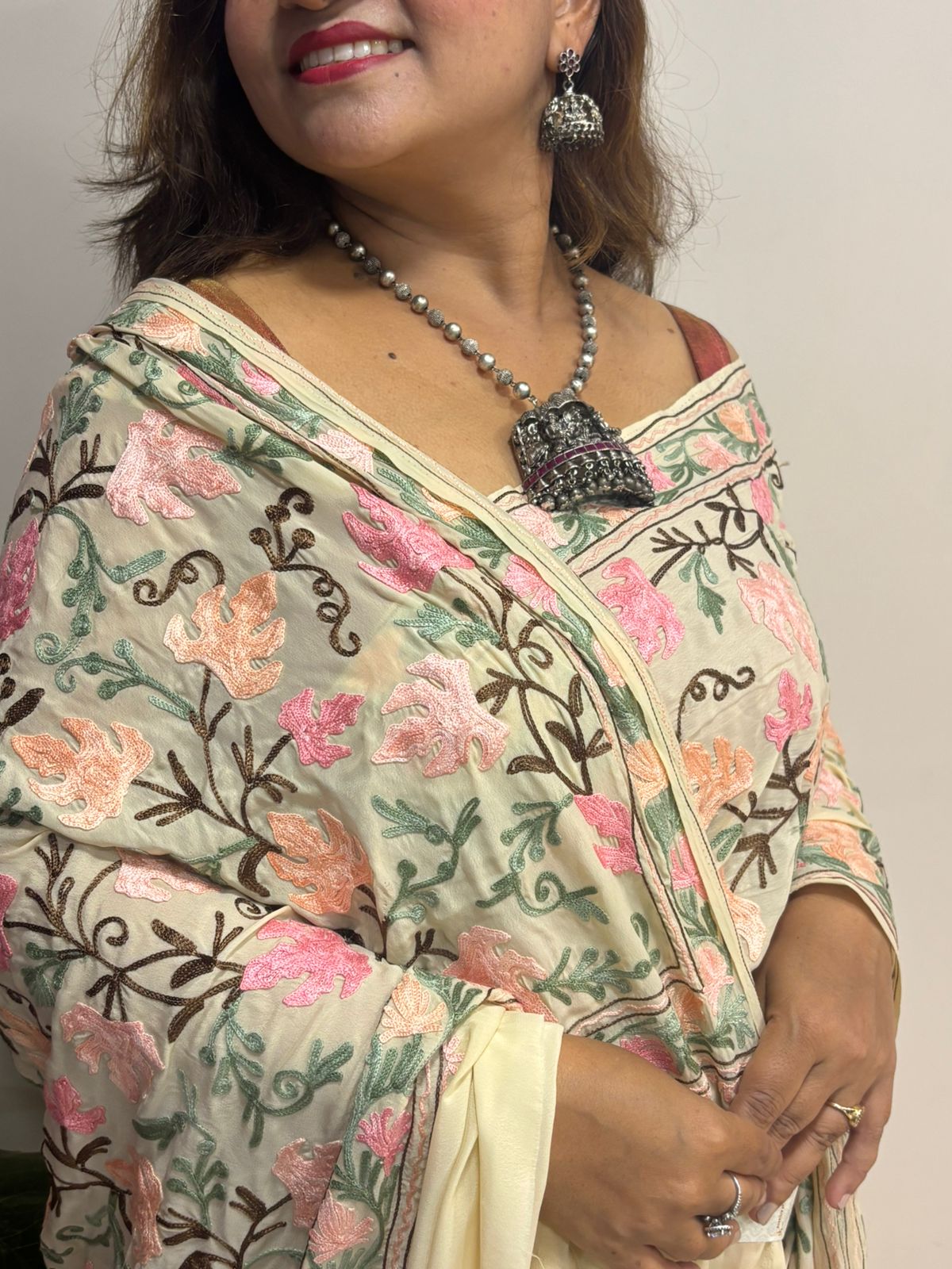 Pastel Kashmiri Aari Crepe Saree—Chain Stitch Embroidery, Festive & Wedding